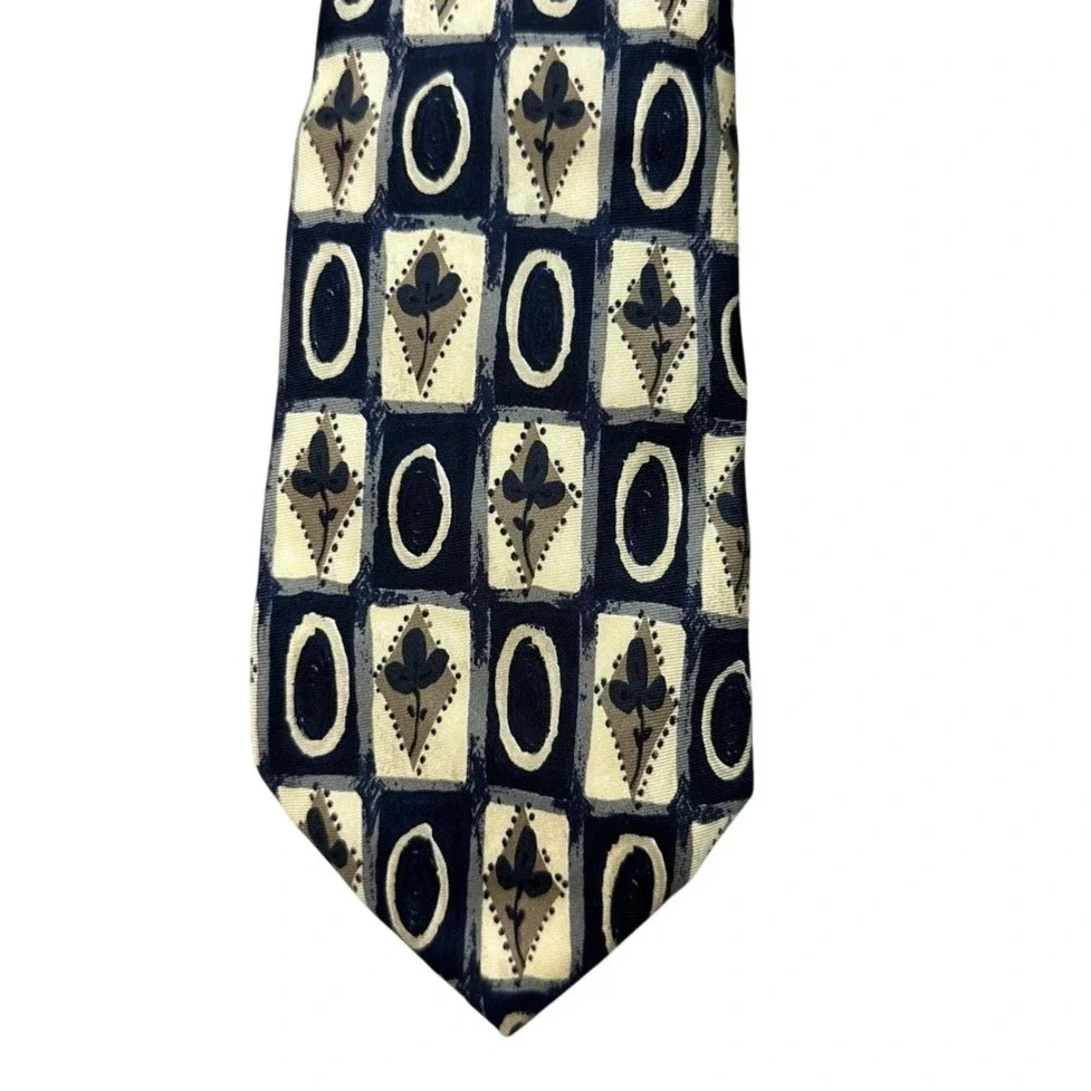 Au Masculin Watson Brothers Silk Tie Navy Blue Tan Geometric Floral Made Canada